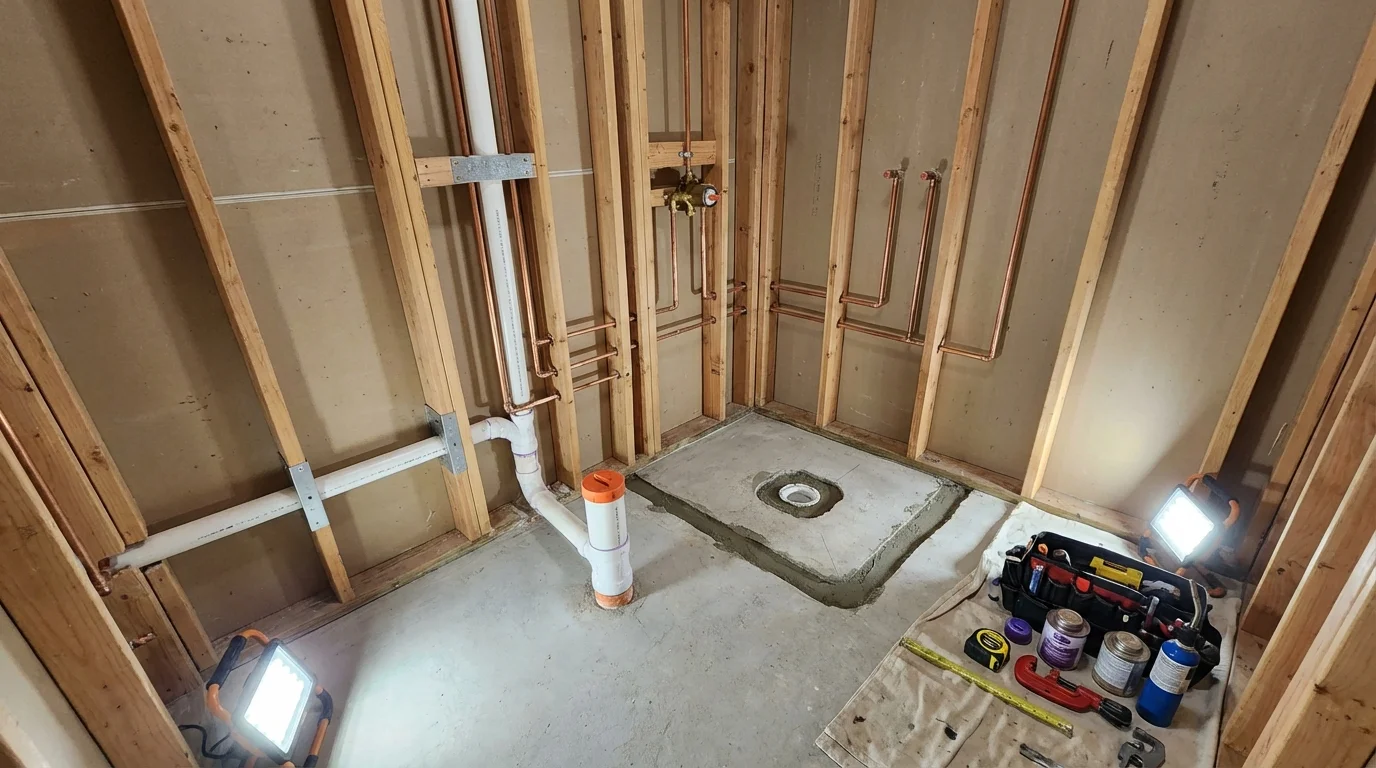 Bathroom rough-in plumbing during remodel by Johns Plumbing LLC in Breinigsville
