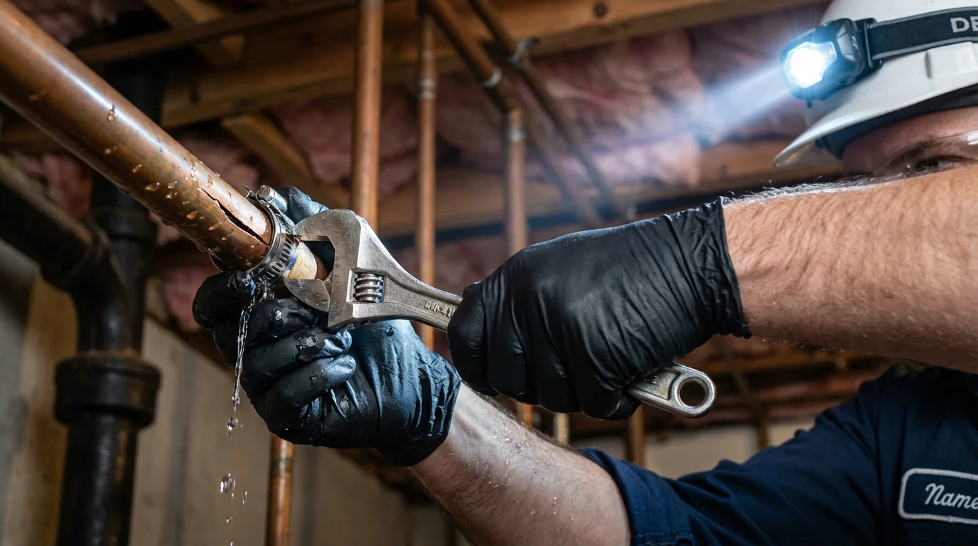 Emergency pipe clamp repair being performed by a Johns Plumbing LLC plumber in Breinigsville