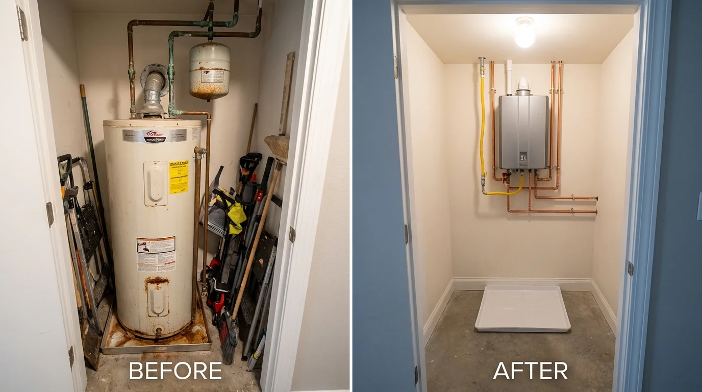 Tank water heater versus wall-mounted tankless unit comparison for Breinigsville, PA homeowners
