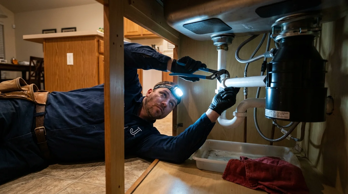 P-trap and supply line connections under a kitchen sink showing a common leak point in Breinigsville, PA